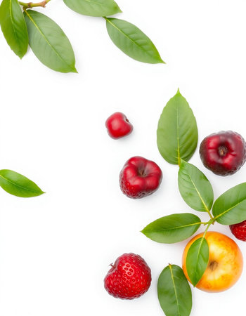 Cherrycot and strawberry with leaves isolated on white backgroundの写真素材
