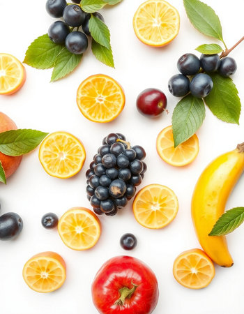 Fruits and berries on a white background. Flat lay, top viewの写真素材