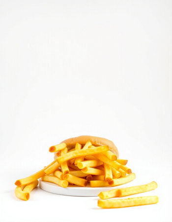 A plate of french fries on a white background with space for textの写真素材
