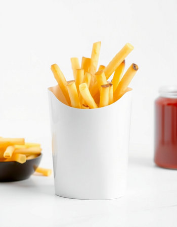 French fries in a paper cup on a white background. Selective focus.の写真素材