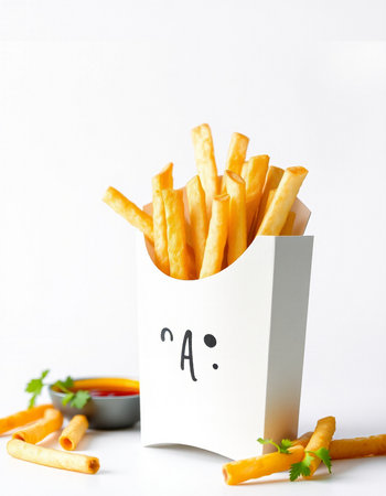 French fries with kawaii face in paper bag on white backgroundの写真素材
