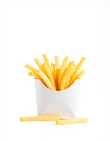French fries in a white box on a white background. Isolated