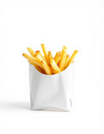 French fries in a white paper box isolated on a white background.