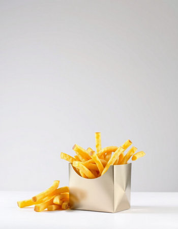 Golden French fries in a paper box on a white background with copy space