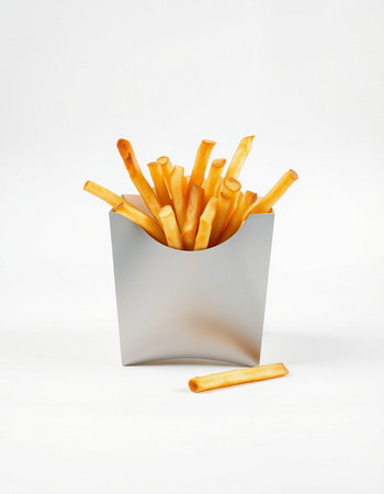 French fries in a paper box on a white background. 3d rendering