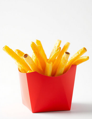 French fries in a red box on a white background, selective focus