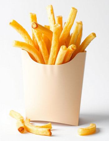 French fries in paper box on white background. Fast food concept.