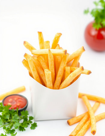 French fries with ketchup and parsley on a white background.