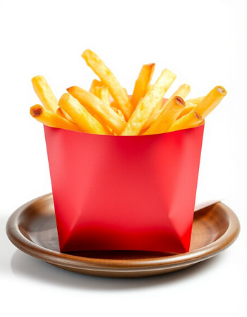 French fries in a red box on a white background. Isolatedの写真素材