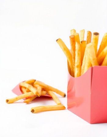 French fries in a pink box on a white background. Selective focus.の写真素材