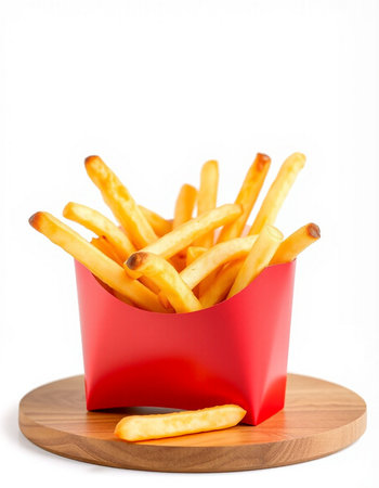 French fries in a red box on a white background. Isolatedの写真素材