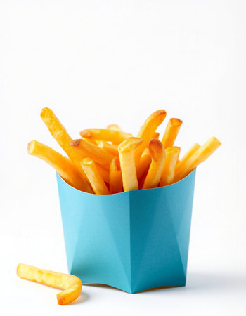French fries in a blue paper box on a white background. Fast food.の写真素材