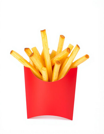 French fries in a red box isolated on white background. Fast food.