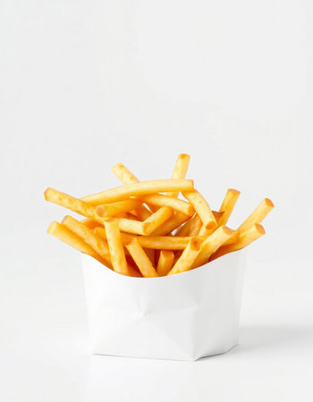 French fries in a white box on a white background with copy space