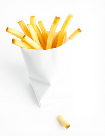 French fries in paper bag isolated on white background, top view.の写真素材