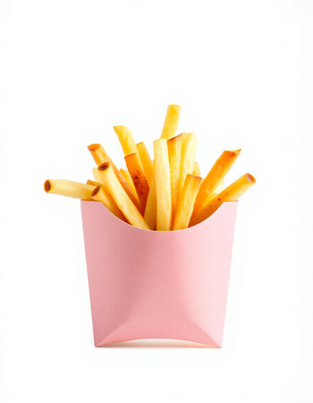 French fries in a pink paper box isolated on a white background.の写真素材