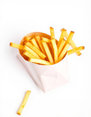 French fries in paper box isolated on white background. Fast food concept.