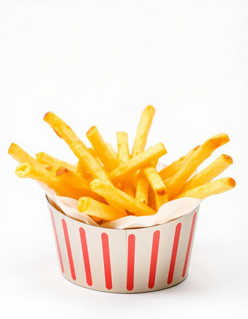 French fries in a paper cup on a white background. Isolated