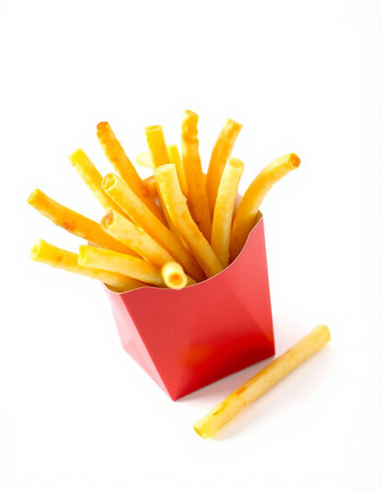 French fries in red box isolated on white background. Selective focus.