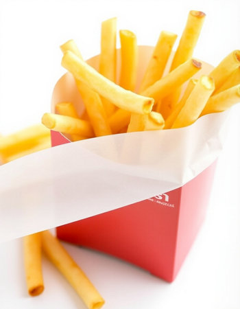 French fries in a red box on white background. Selective focus.の写真素材