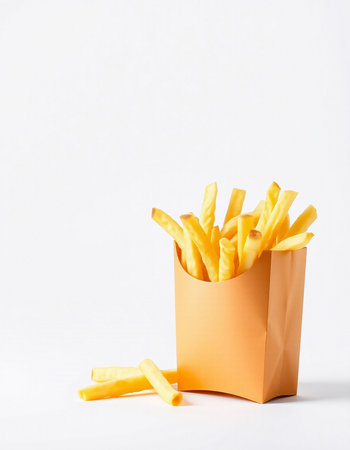 French fries in a paper bag on a white background. Fast food.の写真素材