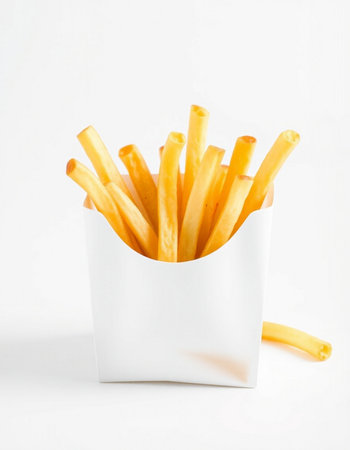 French fries in a white box on a white background. Isolated.