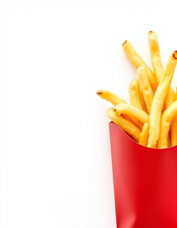 French fries in red box isolated on white background. Top view.の写真素材