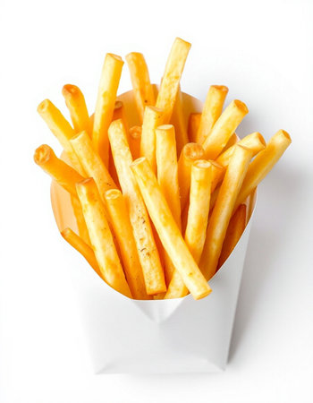 French fries in a white box on a white background, close-up