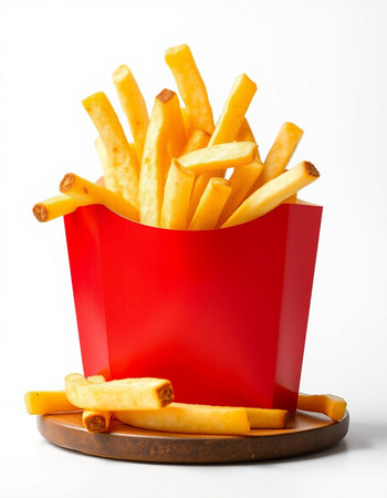 French fries in a red box on a white background, fast food