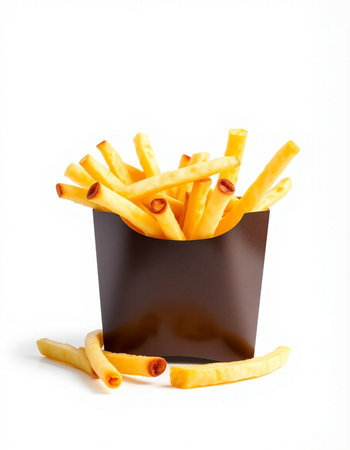 French fries in a paper box on a white background. Isolatedの写真素材