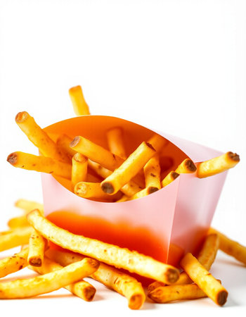 French fries in a paper box on a white background. Isolated