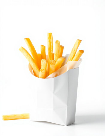 French fries in paper bag isolated on white background. Selective focus.