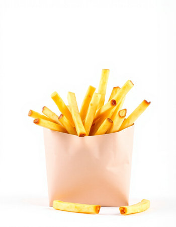 French fries in paper box isolated on white background. Selective focus.