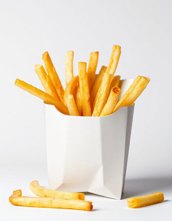 French fries in a white box on a white background, close-up