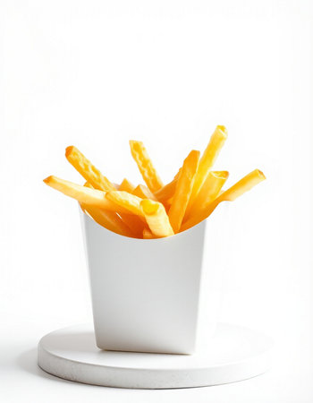 French fries in a white cup on a white background. Isolatedの写真素材