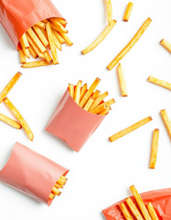 French fries in paper bag isolated on white background. Top view.の写真素材