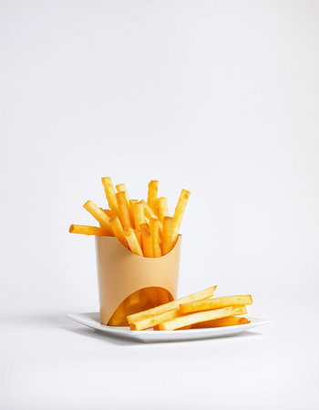 Golden French fries in paper box on white background. Fast food concept