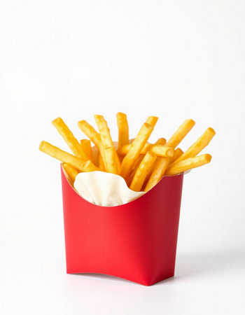 French fries in a red box on a white background with copy space