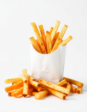 French fries in paper box on white background. Selective focus.の写真素材