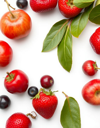 Strawberries, cherries, cherries and leaves on white background