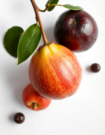 Ripe red and yellow plums with leaves on a white backgroundの写真素材