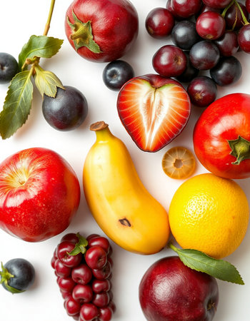 Fresh fruits on a white background. Healthy eating concept. Top view.の写真素材
