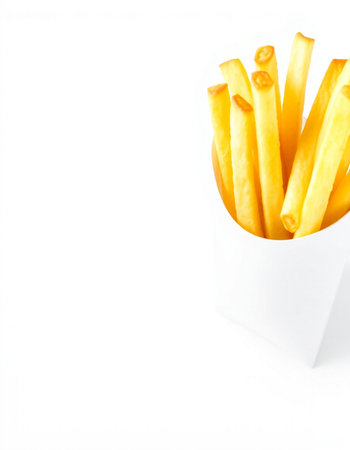 French fries in a white box on a white background. Isolated