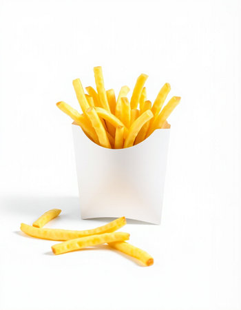 Golden French fries potatoes in a white paper box on a white background