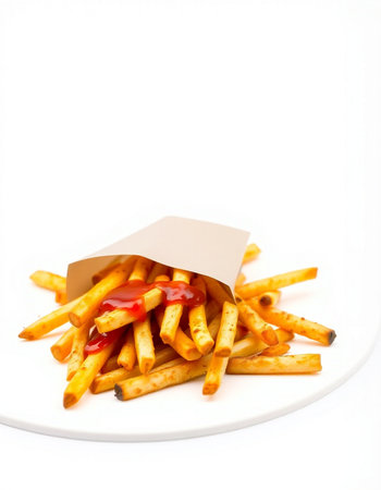 French fries with ketchup isolated on white background. Selective focus.