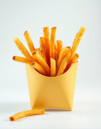 French fries in yellow paper box on white background. Selective focus.