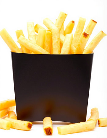 French fries in a black box on a white background, close-upの写真素材