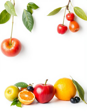 Fruits on a white background with space for text. Top view.の写真素材