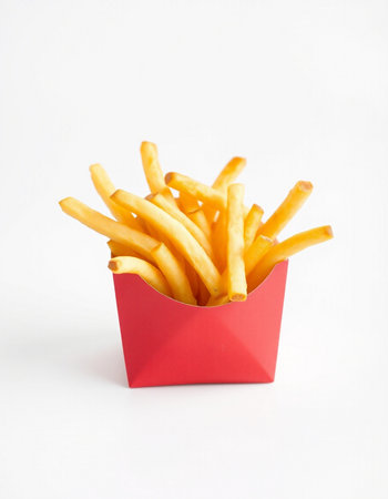 French fries in a red box on a white background. Isolated