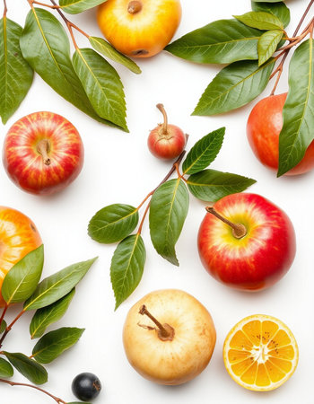 Fruits and leaves on white background. Flat lay, top viewの写真素材